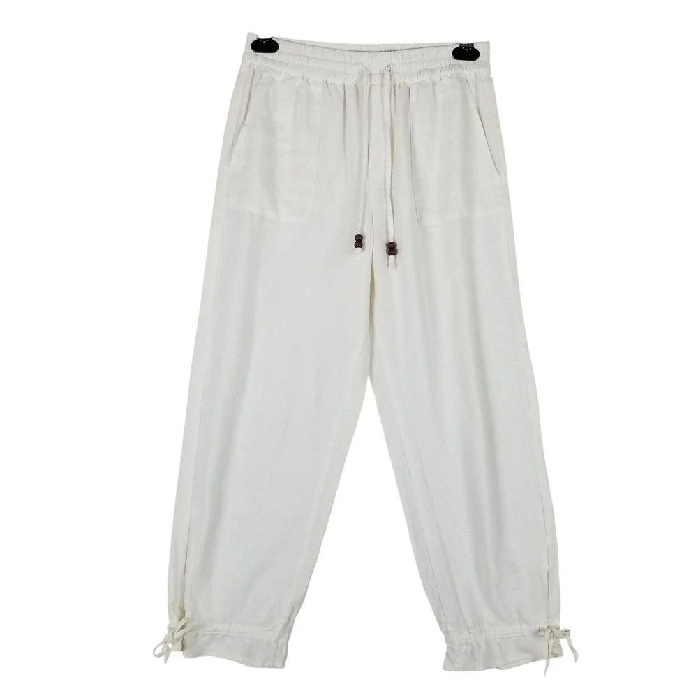 Zara Linen Blend Pants Womens XS White Elastic Waist Tie Hem Casual Trousers